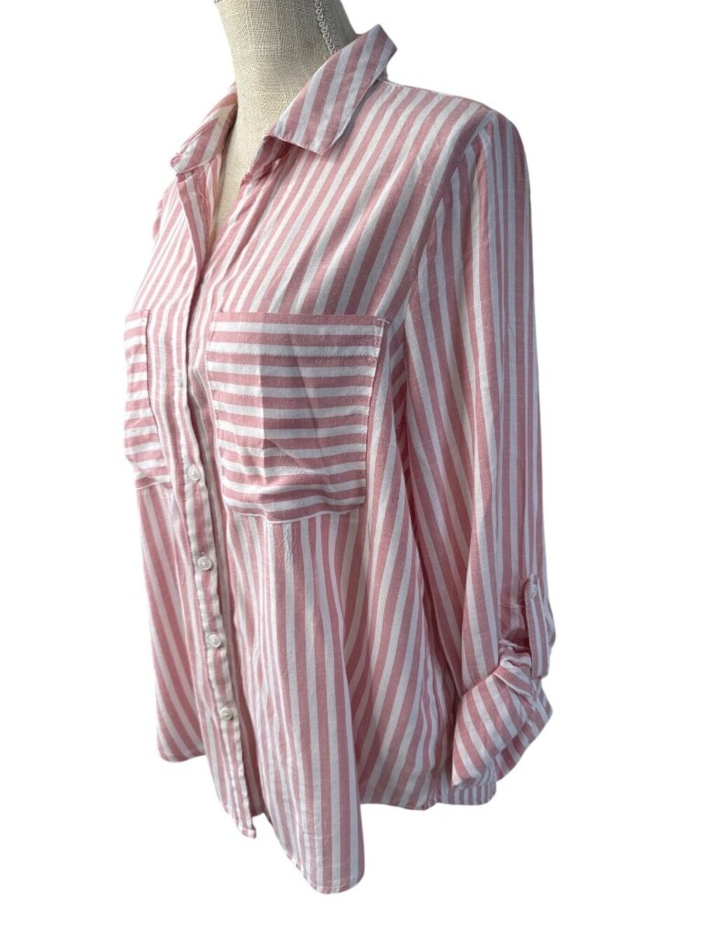 Casa Cabana Pink & White Striped Button-Up Shirt With Pockets Roll-Up Sleeves - Picture 2 of 8